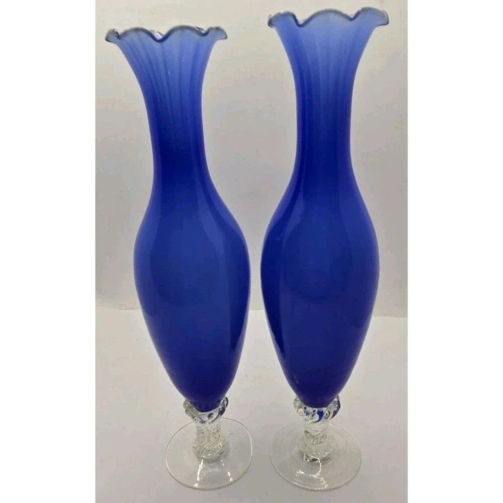 Hand Blown Murano Art Cobalt Blue Encased Opulescent Ruffled Swirl Glass Vase